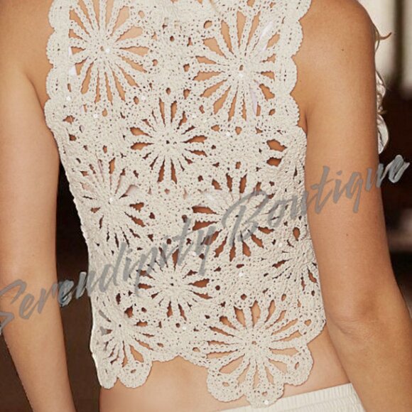 POL Modern Granny Crochet Cut Out Hem Flower Pattern Natural Sleeveless Crop Top - Picture 7 of 10